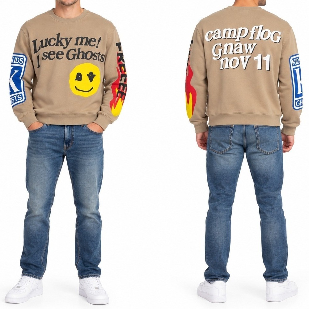 Kids See Ghost Camp Flog Gnaw Mens Small Sweatshirt Kanye West Tan Lucky Me